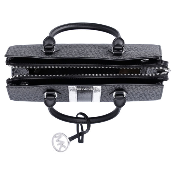 Michael Kors Sheila Medium Satchel Signature Logo MK Metallic Satchel Black - Picture 4 of 4